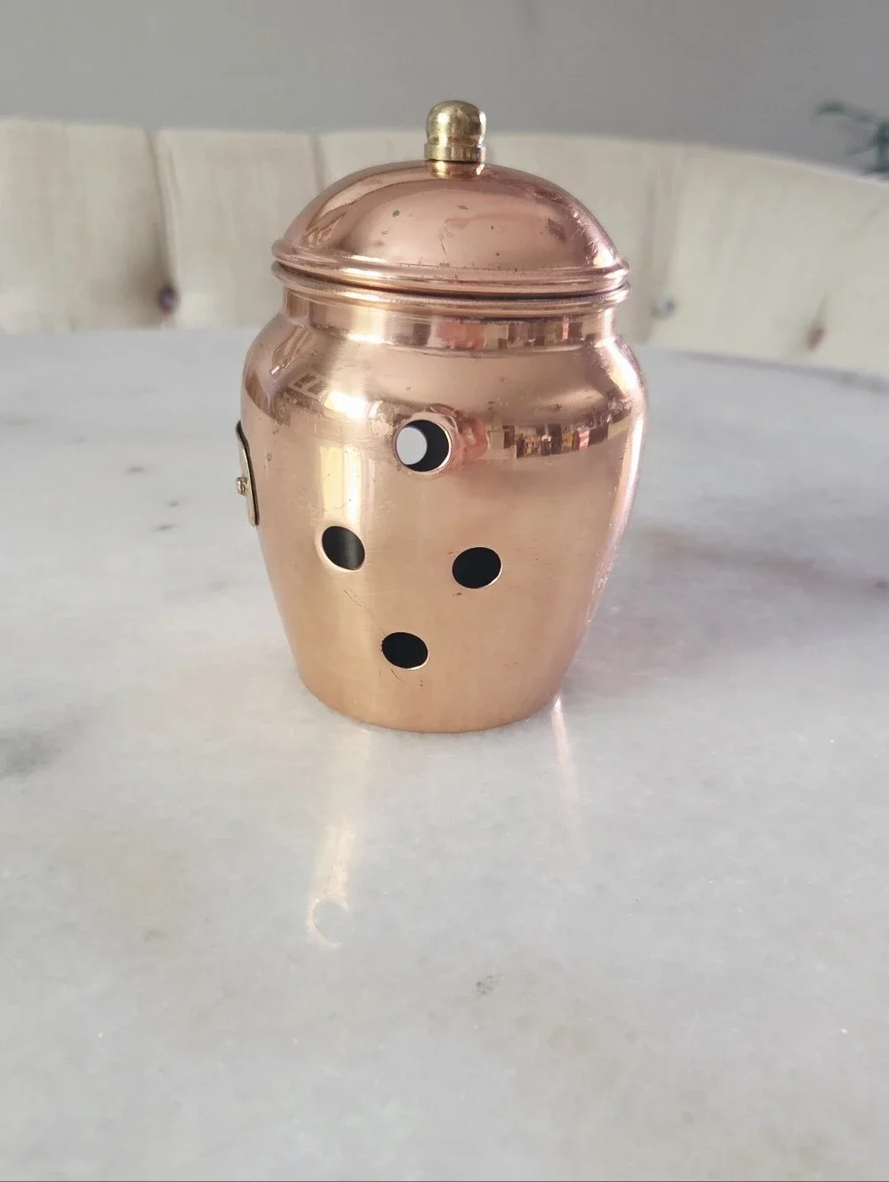 Vintage Copper Garlic Keeper Storage Jar + Lid, Brass Plaque, Ventilation Holes